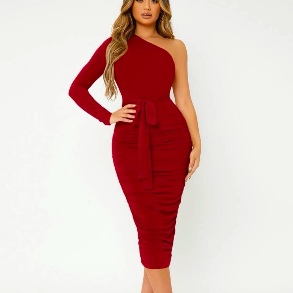 Brand New One Shoulder Ruched Bodycon Belted Dress